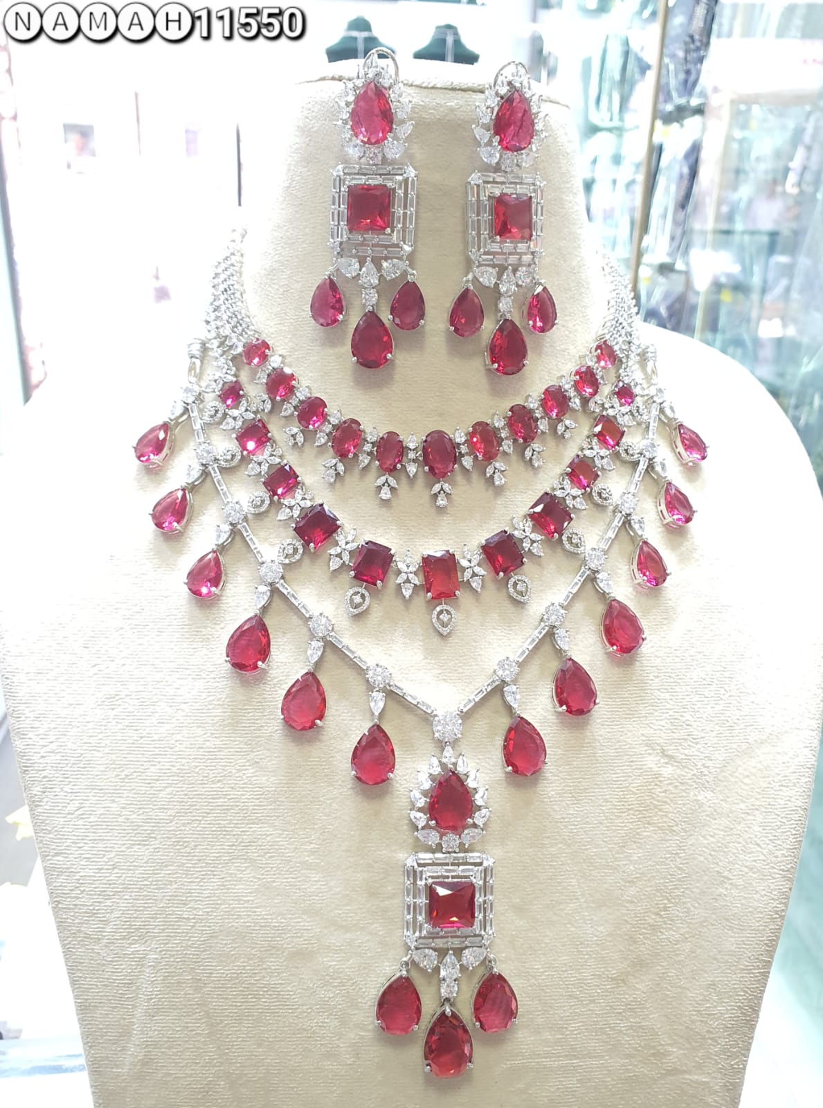 Red American Diamond Necklace Set