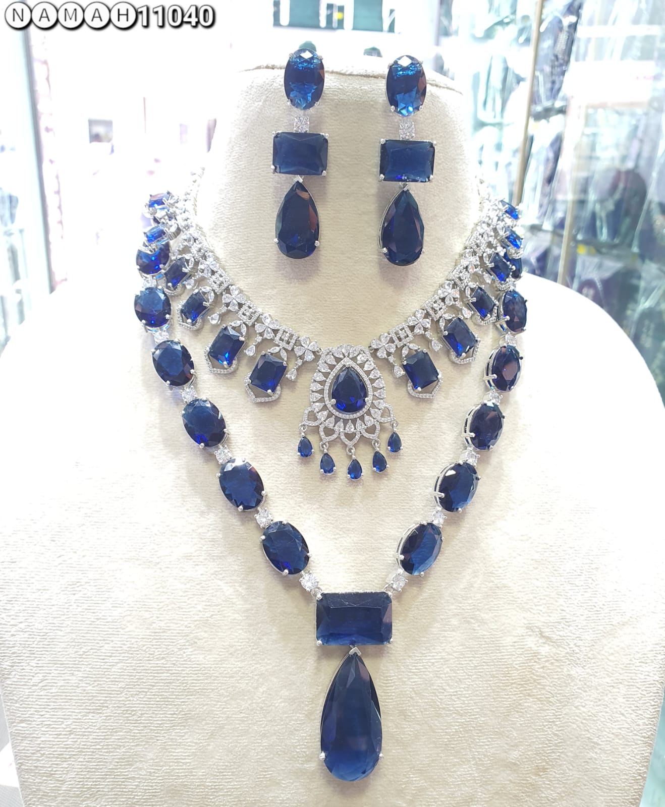 Navy Blue American Diamond Necklace Set