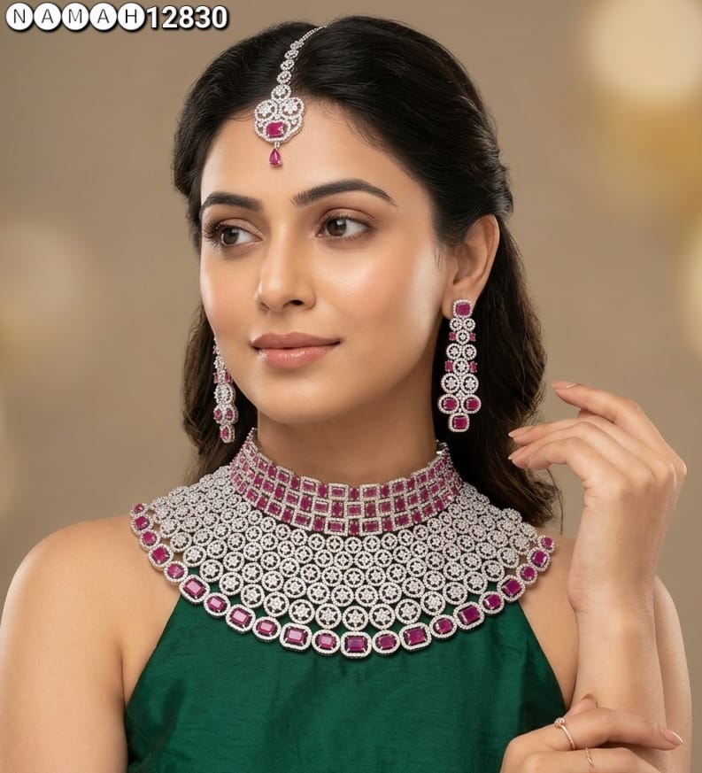 Purple American Diamond Necklace Set