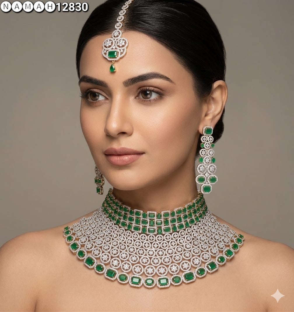 Green American Diamond Necklace Set