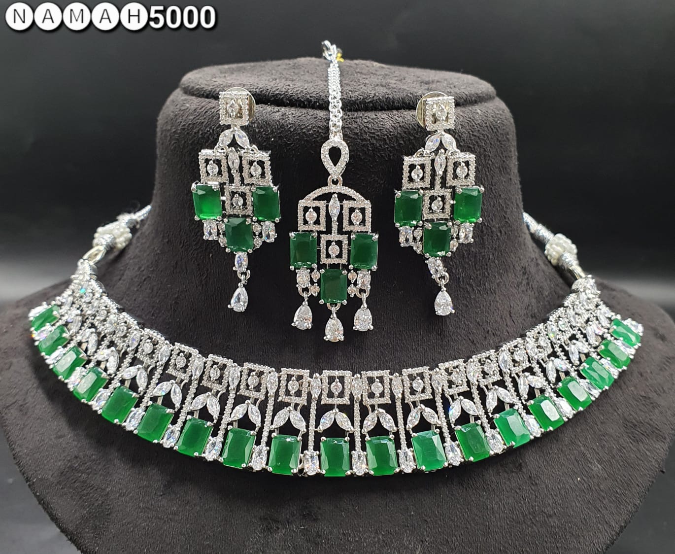 Green American Diamond Necklace Set