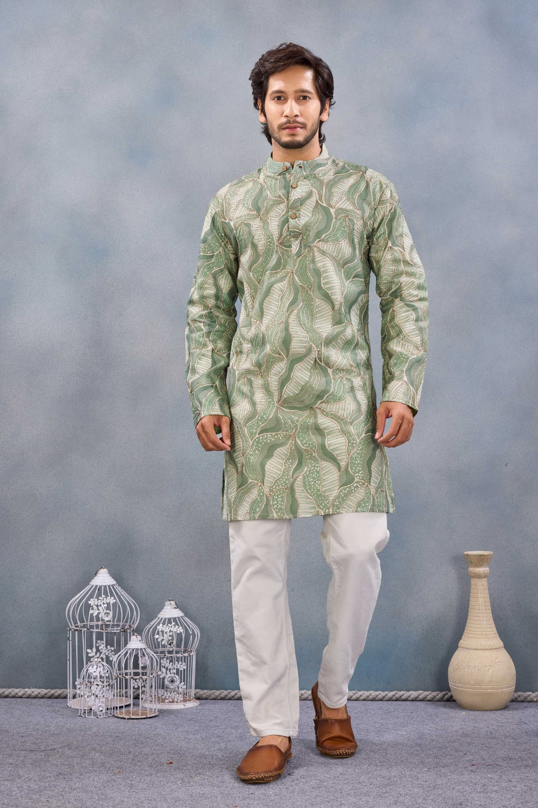 Green Pure Cosmos Silk With Cotton Lining Work Kurta Pajama