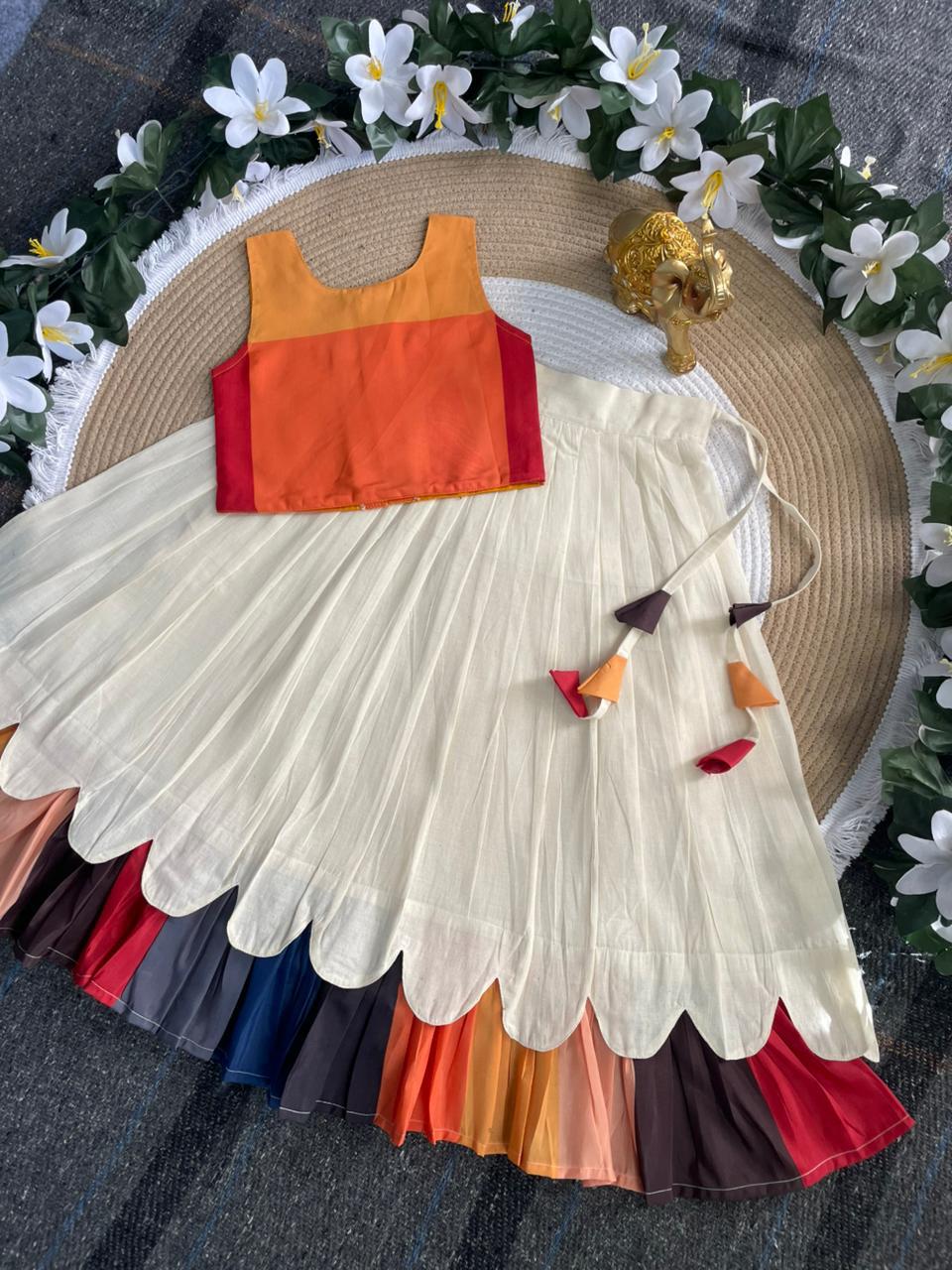 Cream Pure Cotton Silk Heavy Printed Kids Lehenga Choli
