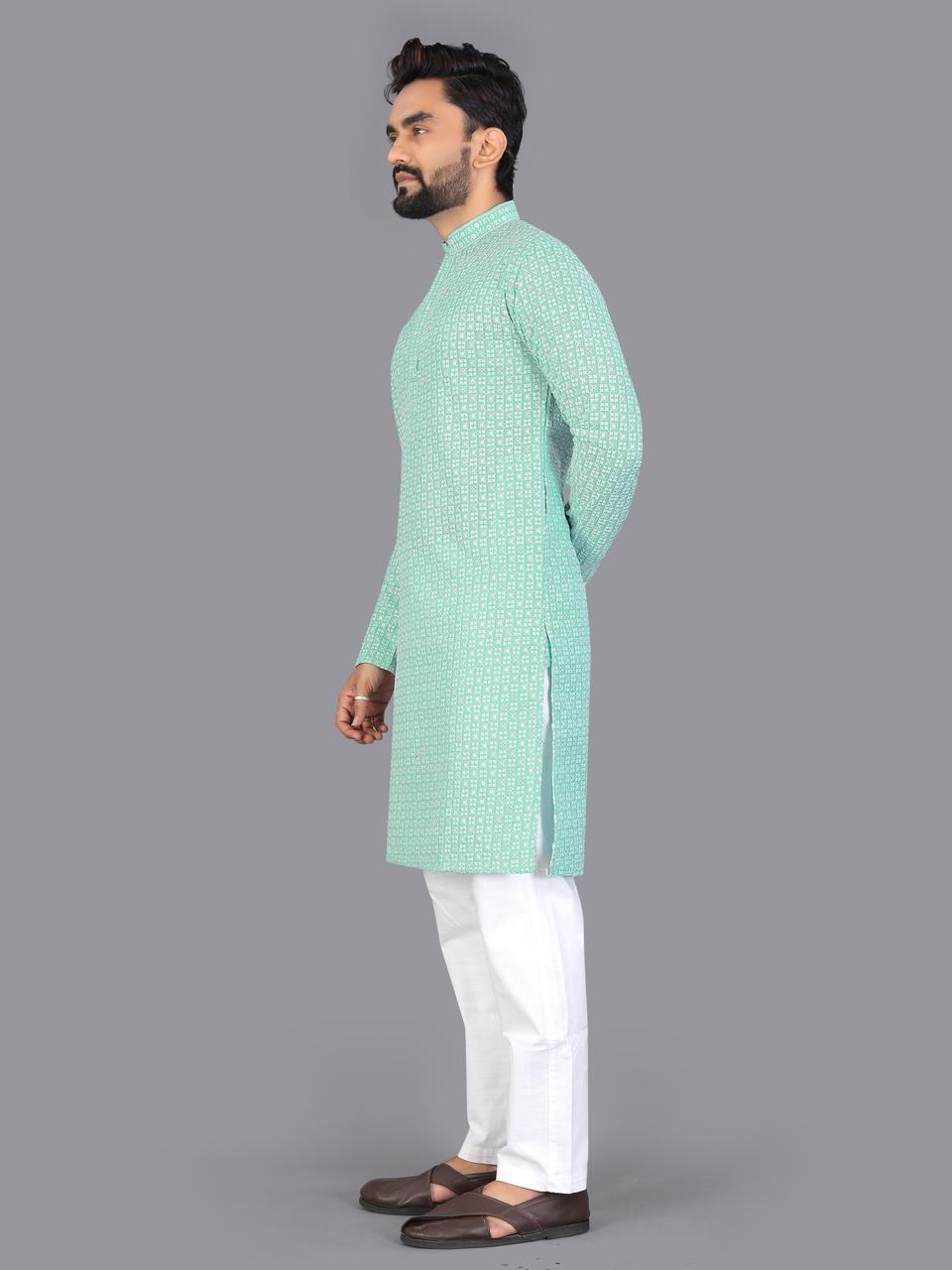Green Pure Cotton Chikankari Work Kurta Pajama