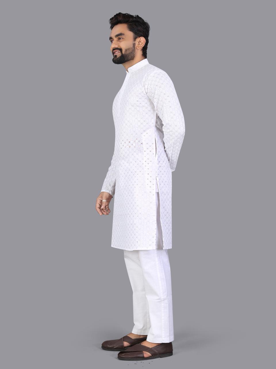 White Pure Cotton Chikankari Work Kurta Pajama