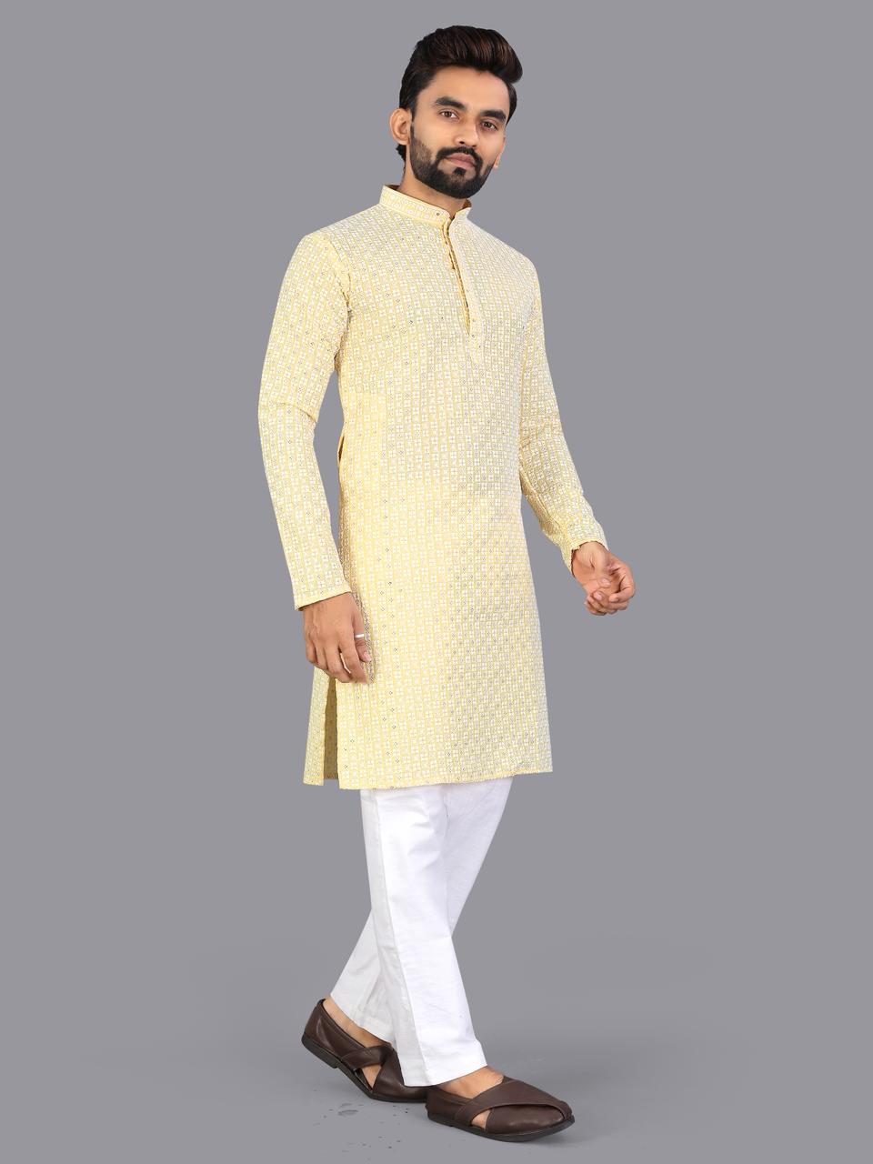 Yellow Pure Cotton Chikankari Work Kurta Pajama