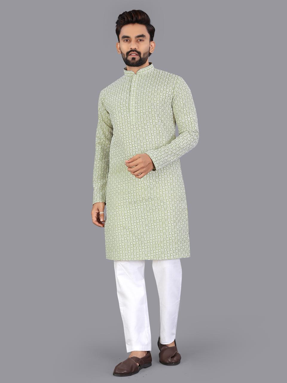 Sea Green Pure Cotton Chikankari Work Kurta Pajama