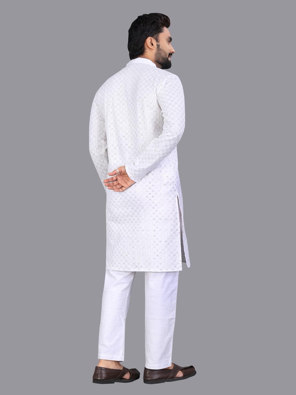 White Pure Cotton Chikankari Work Kurta Pajama
