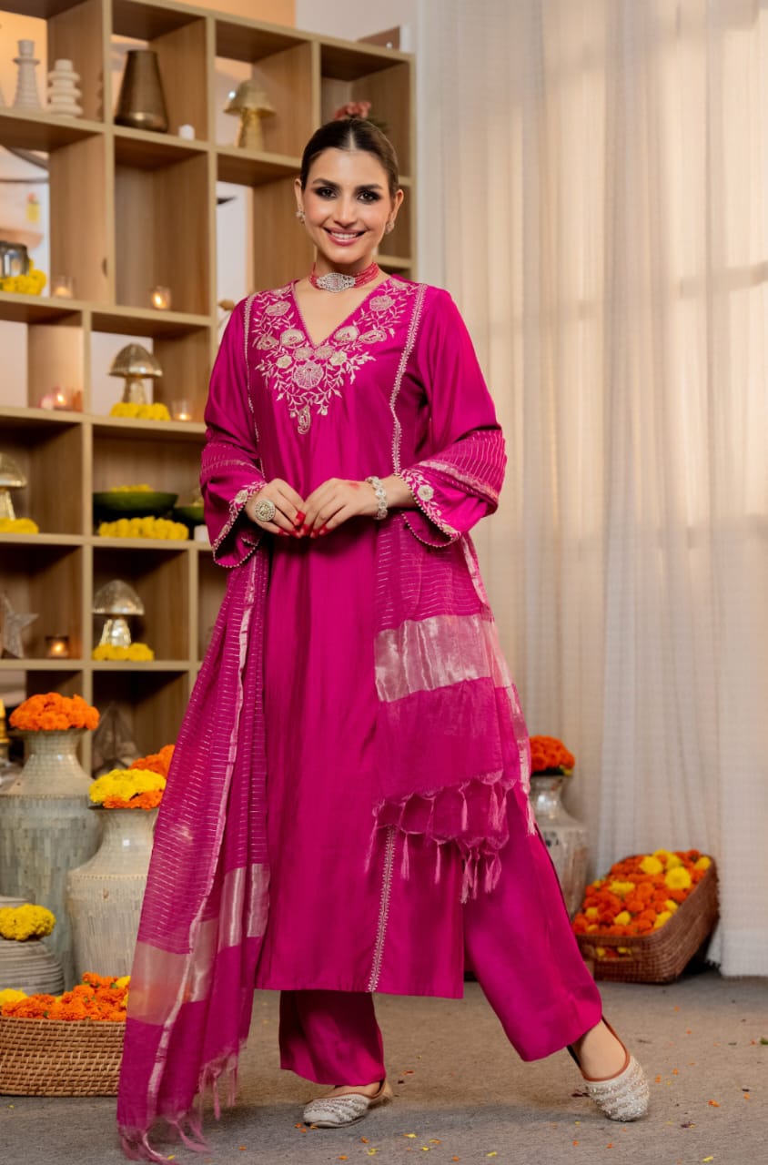 Pink Pure Satori Silk Printed Kurti Pant Dupatta Set