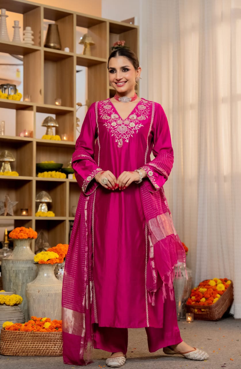 Pink Pure Satori Silk Printed Kurti Pant Dupatta Set