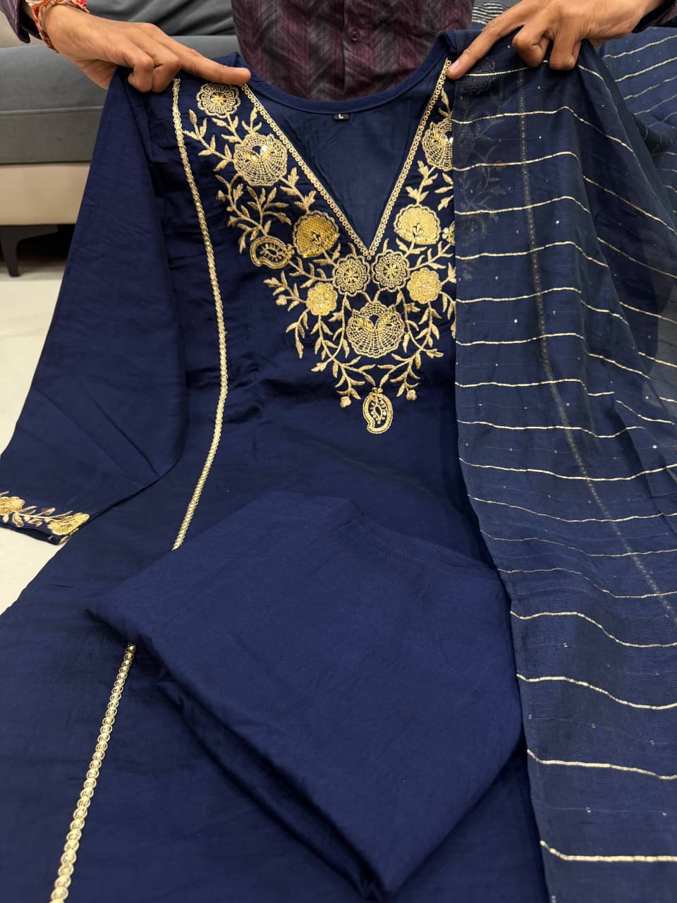 Blue Pure Satori Silk Printed Kurti Pant Dupatta Set