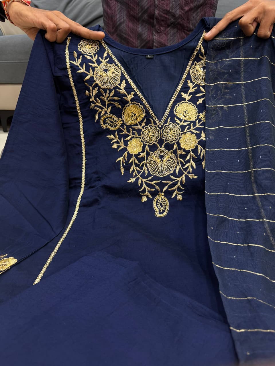 Blue Pure Satori Silk Printed Kurti Pant Dupatta Set