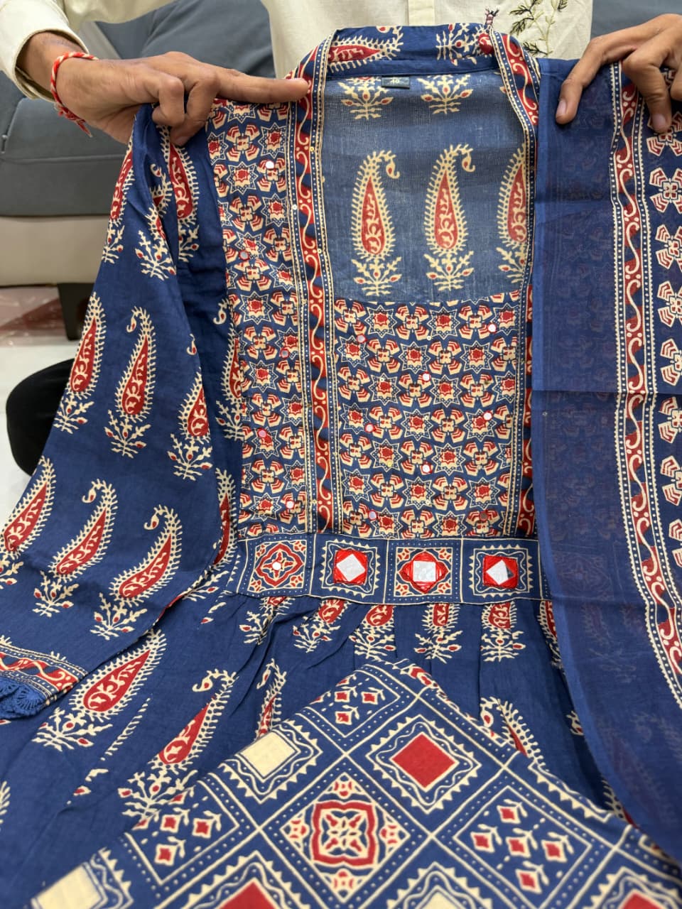 Blue Pure 60x60 Jaipuri Cotton Bagru Print Kurti Pant Dupatta Set