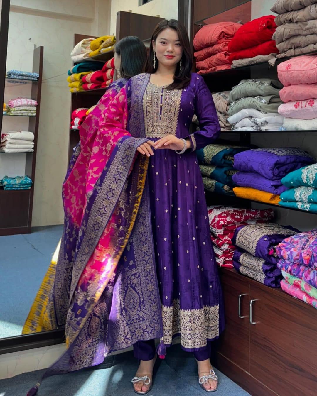 Blue Pure Banana Silk Anarkali Flared Kurti Pant Dupatta Set