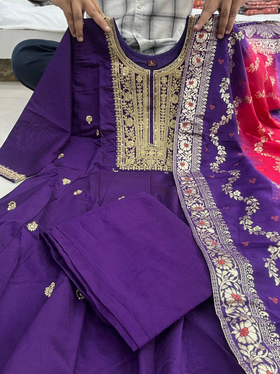 Blue Pure Banana Silk Anarkali Flared Kurti Pant Dupatta Set
