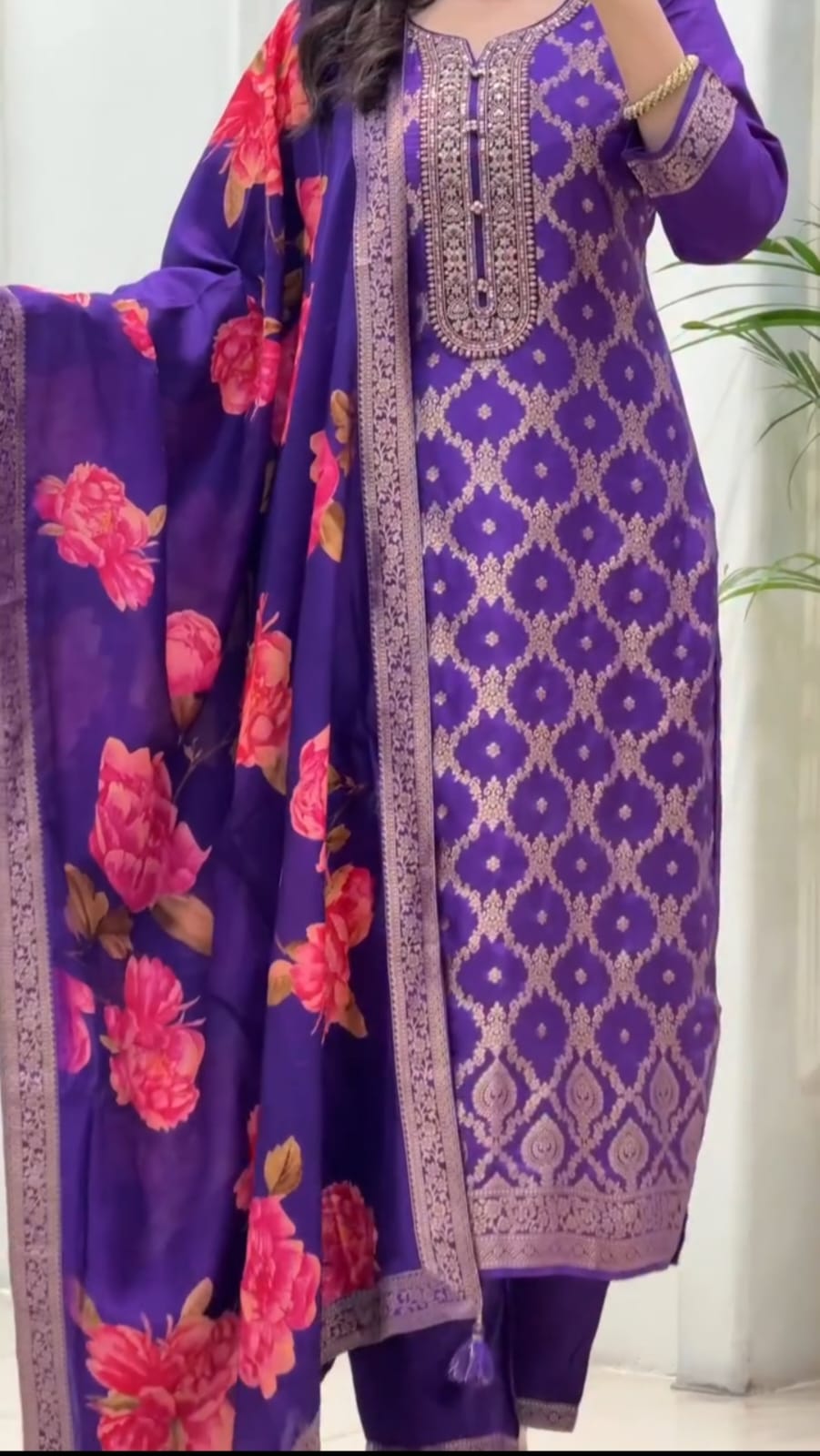 Blue Pure Banarasi Silk Flared Kurti Pant Dupatta Set