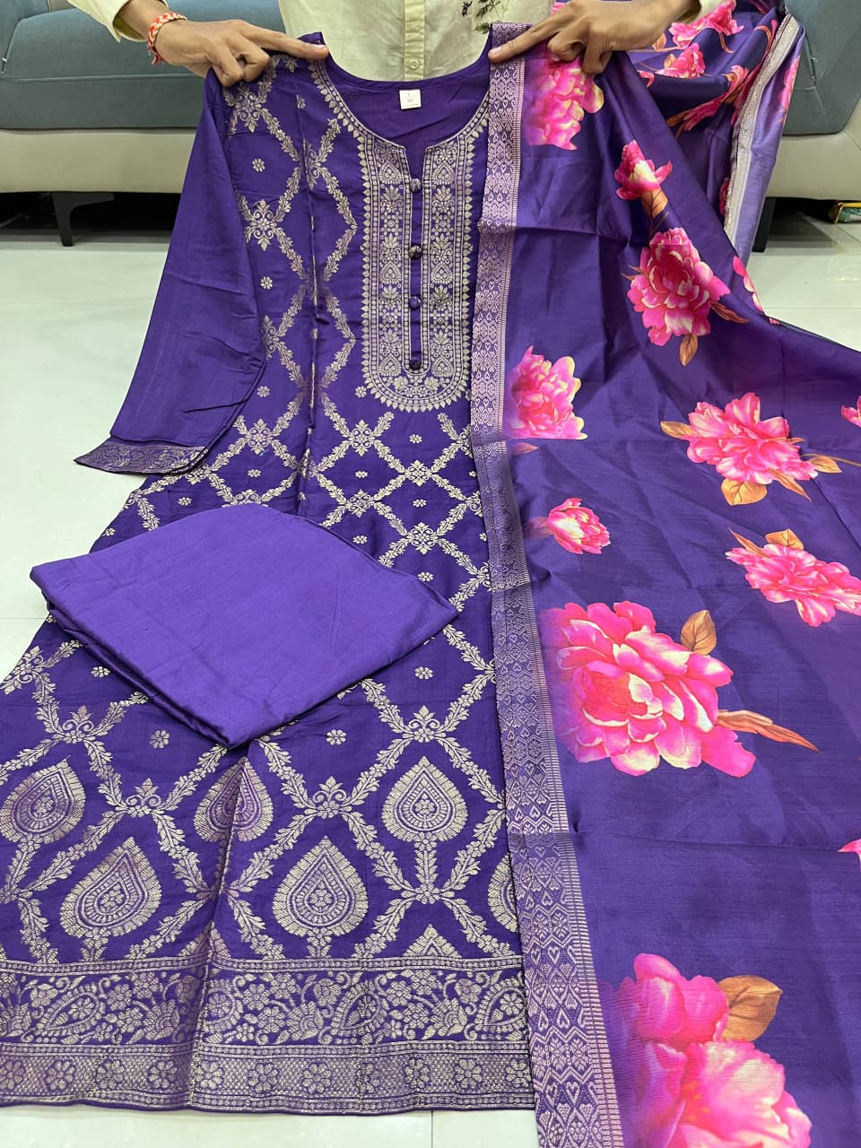 Blue Pure Banarasi Silk Flared Kurti Pant Dupatta Set