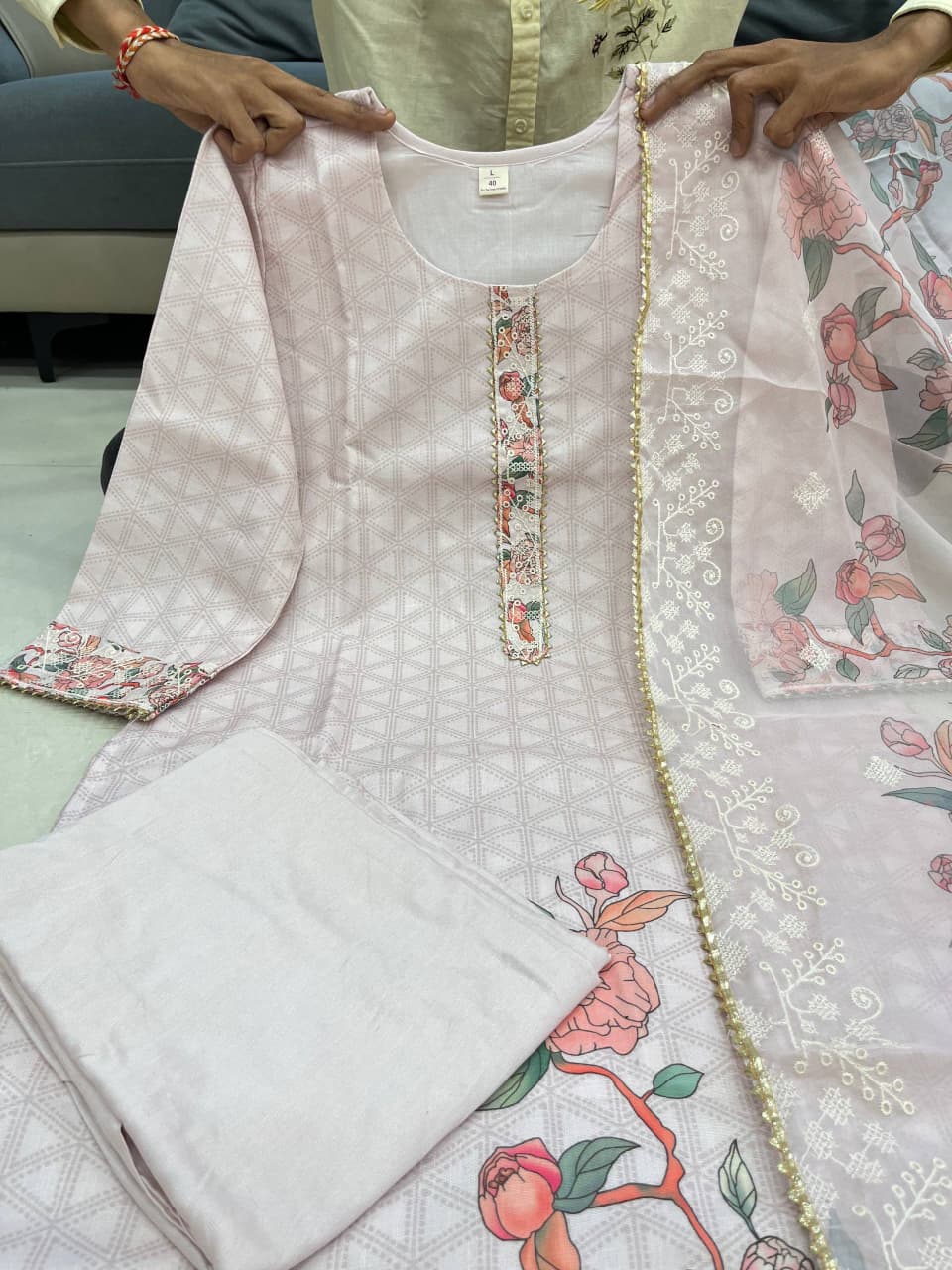 Blue Pure Lilan Silk Flared Kurti Pant Dupatta Set