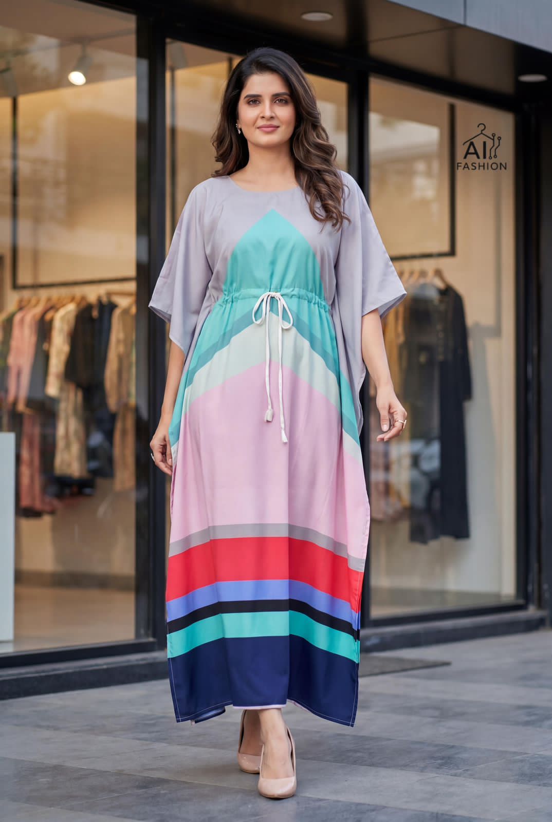 Multicolour Heavy French Crape Print Long Kaftan
