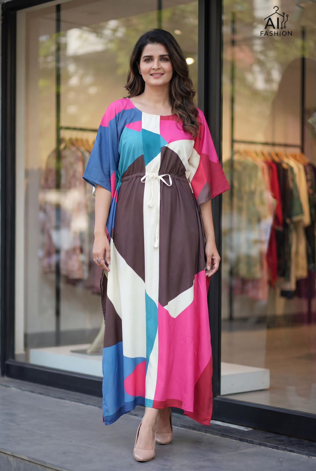 Multicolour Heavy French Crape Print Long Kaftan