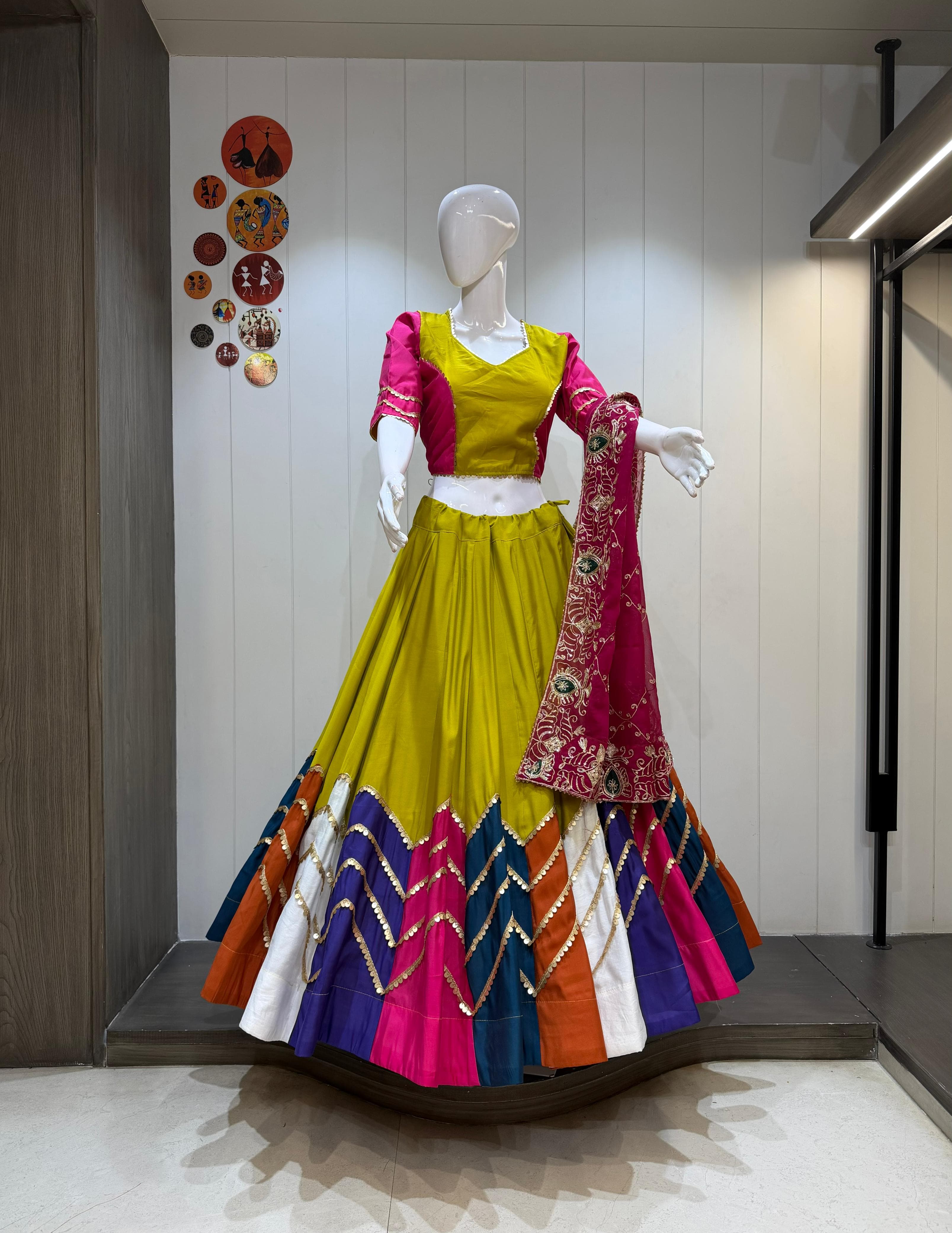 Yellow Pink Multicolor Chaniya Choli with Heavy Coin Border