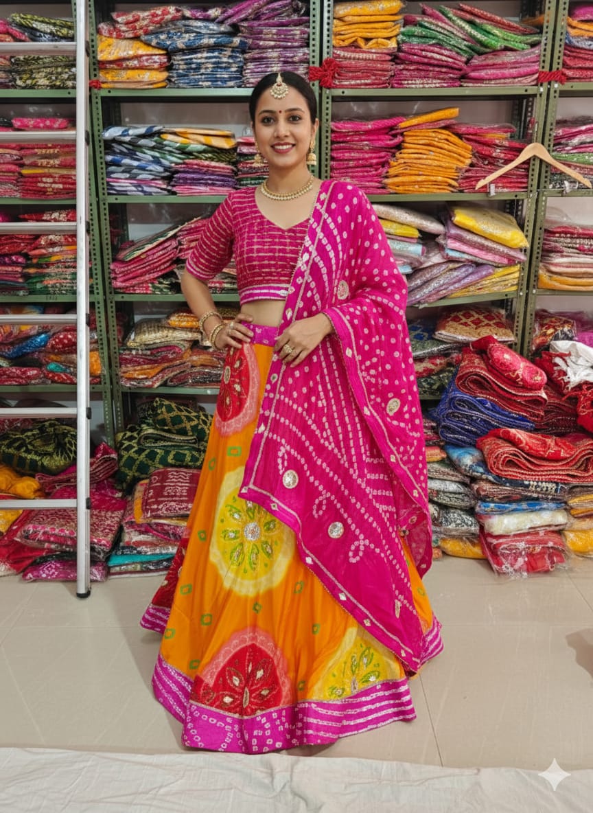 Yellow & Pink Pure Bandhej Chinone Silk Rajsthani Lehenga Choli