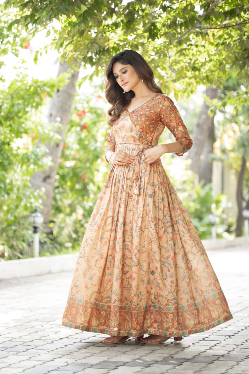 Cream Pure Silk Blend Printed Anarkali Gown