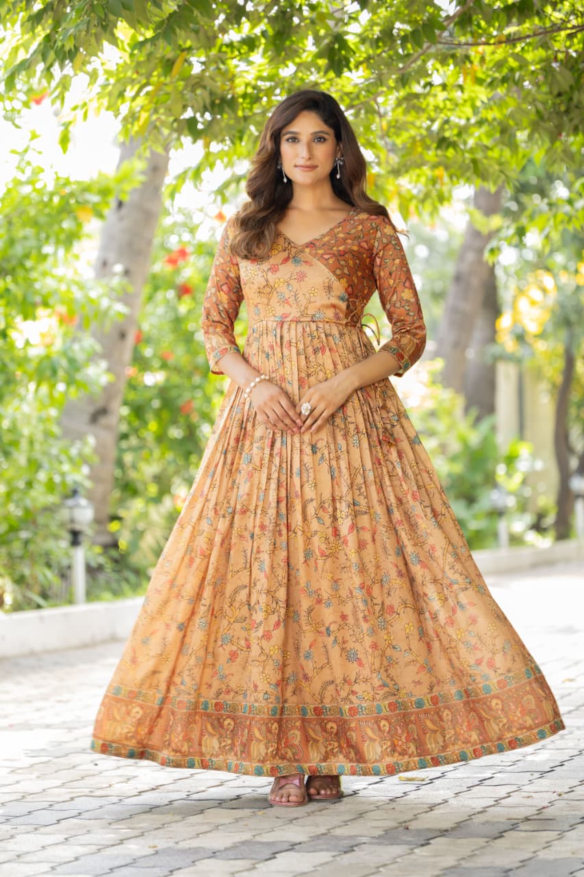 Cream Pure Silk Blend Printed Anarkali Gown