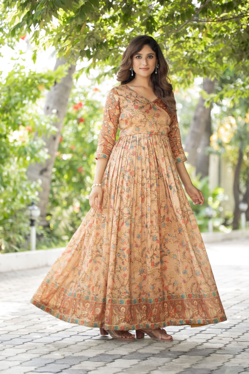 Cream Pure Silk Blend Printed Anarkali Gown