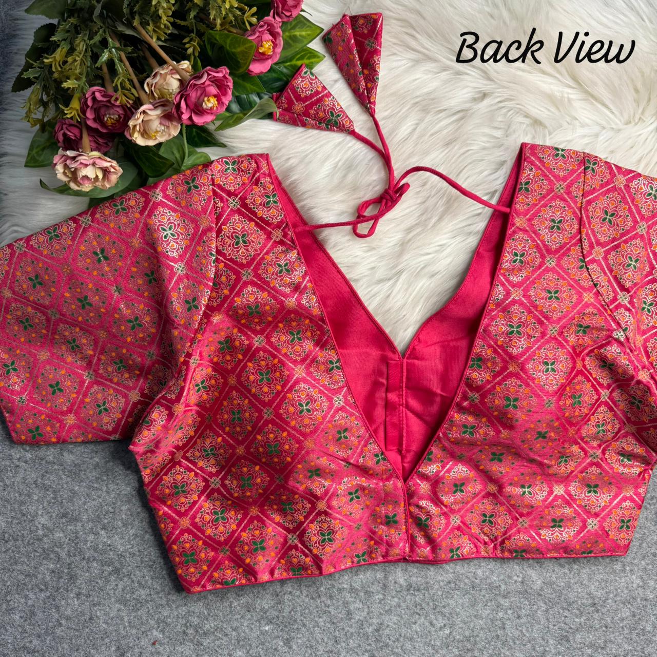 Pink Sabyasachi Style Patoda Print V Neck Heavy Printed Blouse