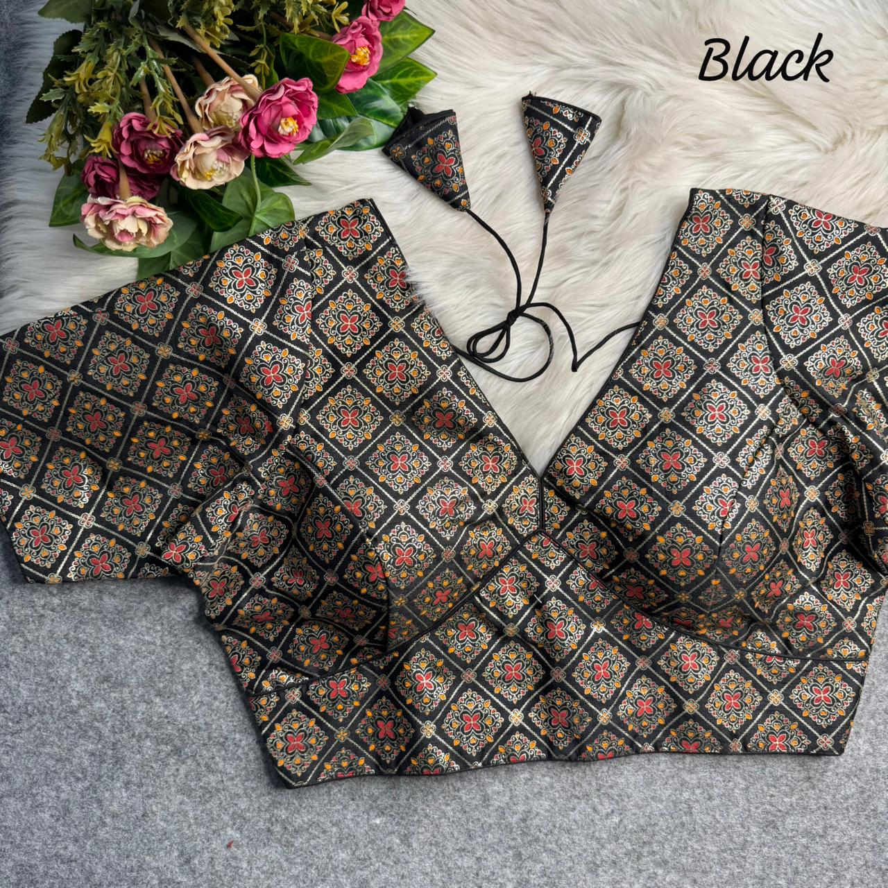 Black Sabyasachi Style Patoda Print V Neck Heavy Printed Blouse
