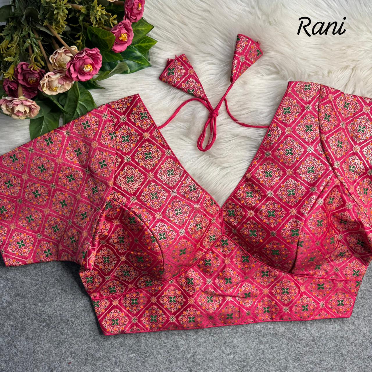 Pink Sabyasachi Style Patoda Print V Neck Heavy Printed Blouse