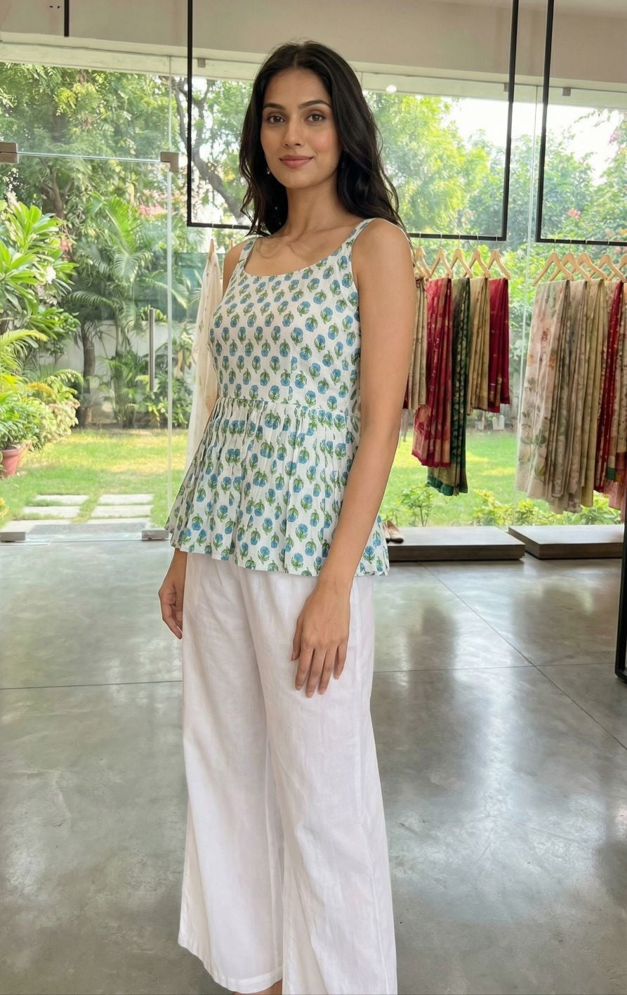 White Summer Special Cotton Printed Sleeveless Short Length Top