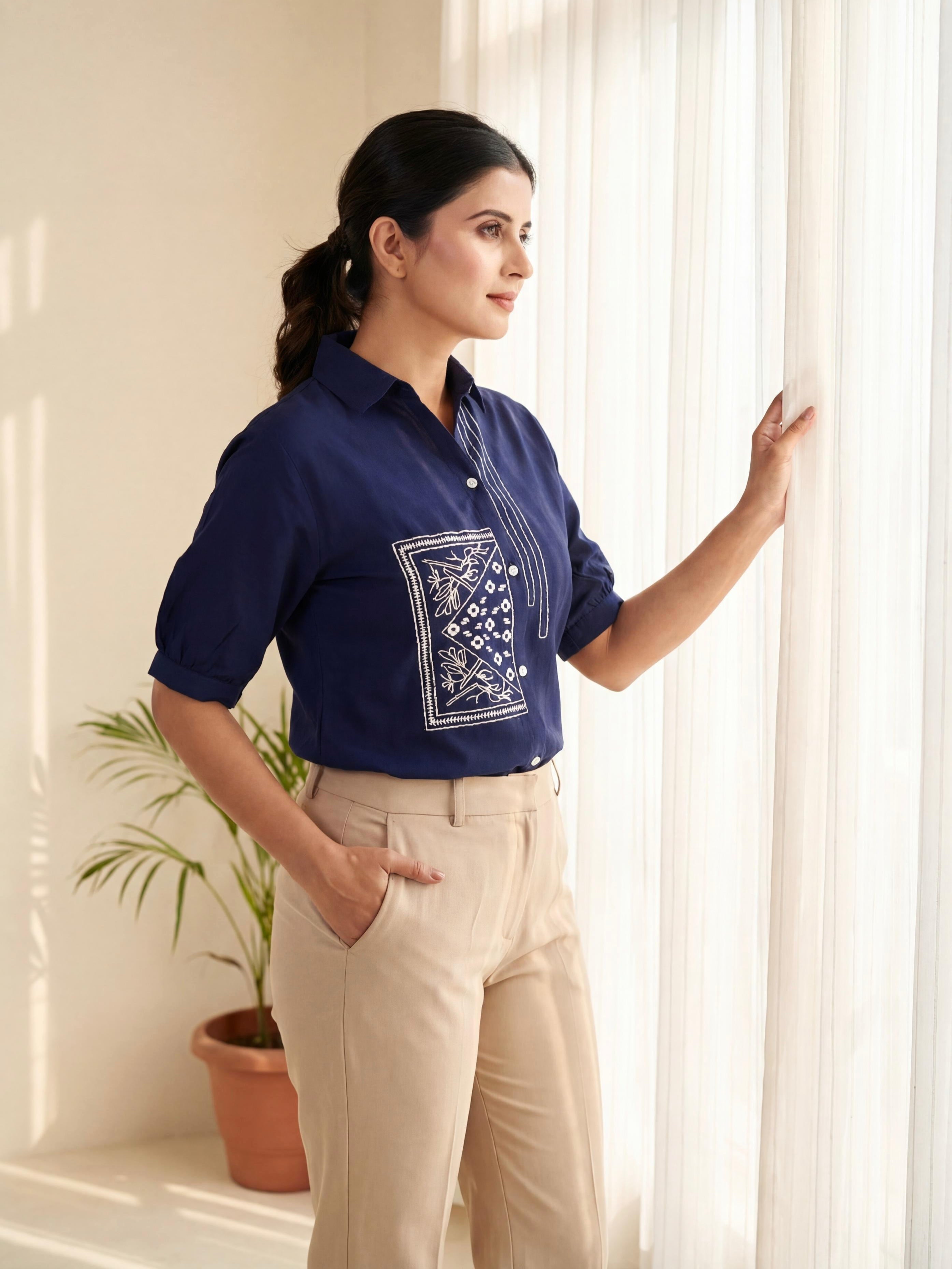 Blue Summer Special Heavy Cotton Flex with Embroidery Work Sleeveless Short Length Top
