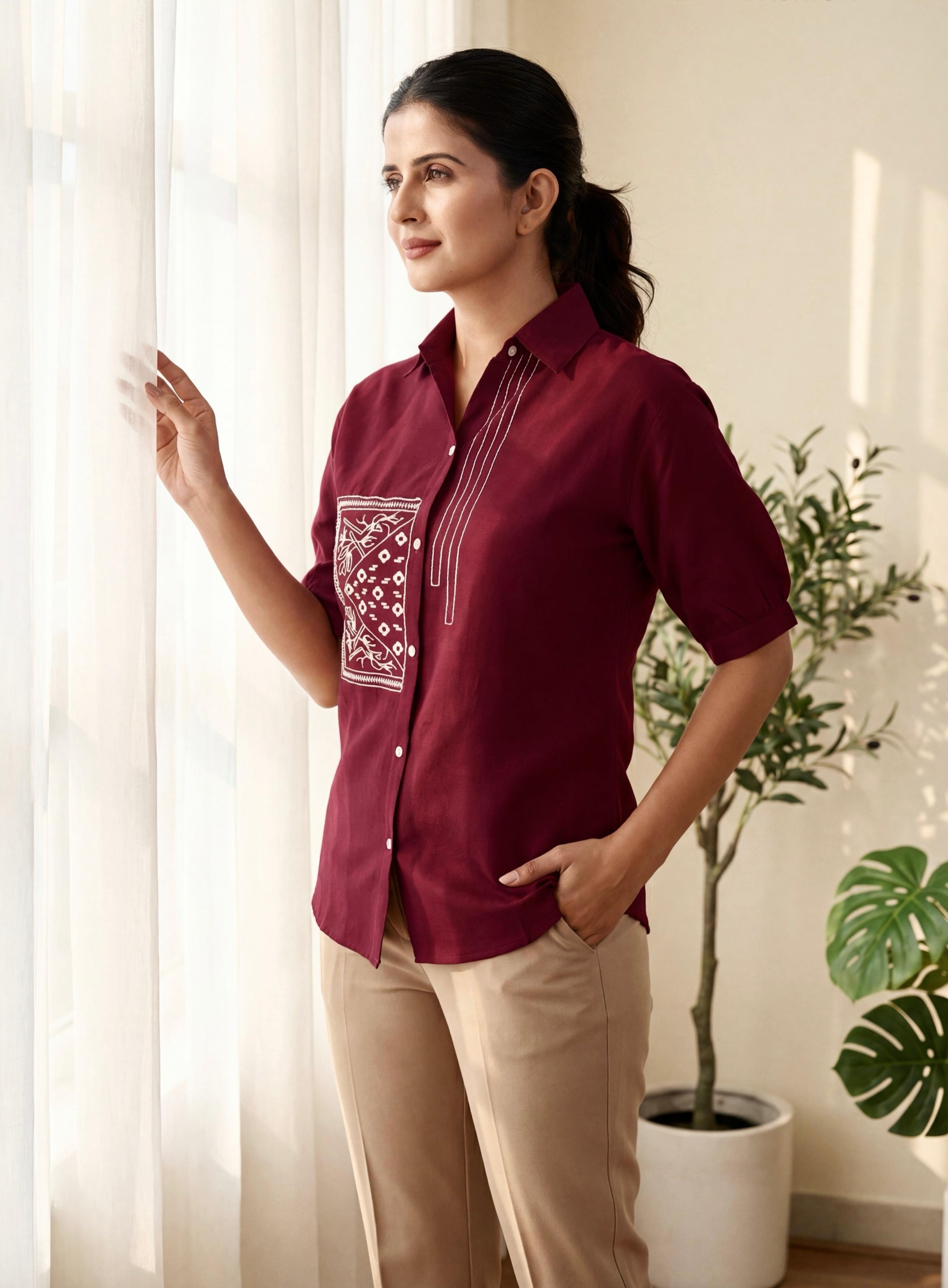 Red Summer Special Heavy Cotton Flex with Embroidery Work Sleeveless Short Length Top
