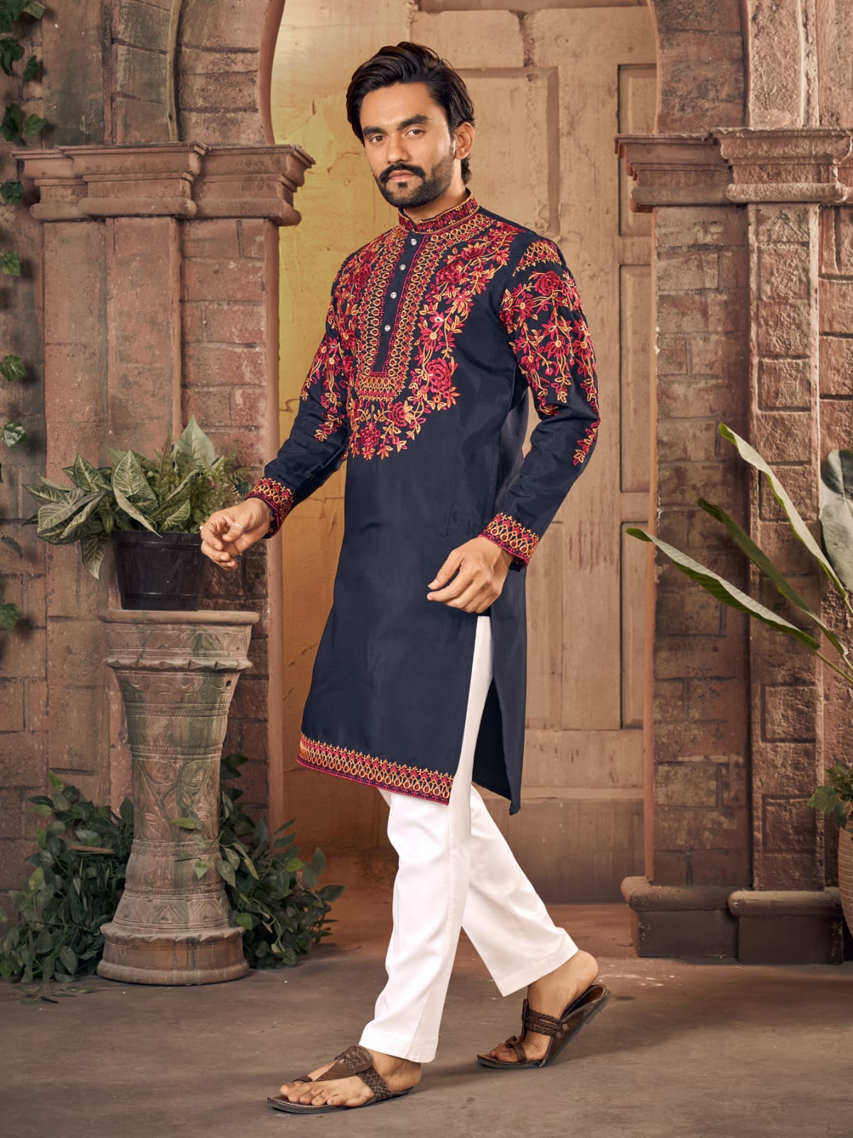 Blue Premium Silk With Multicoloured thread Neck Work Kurta Pajama