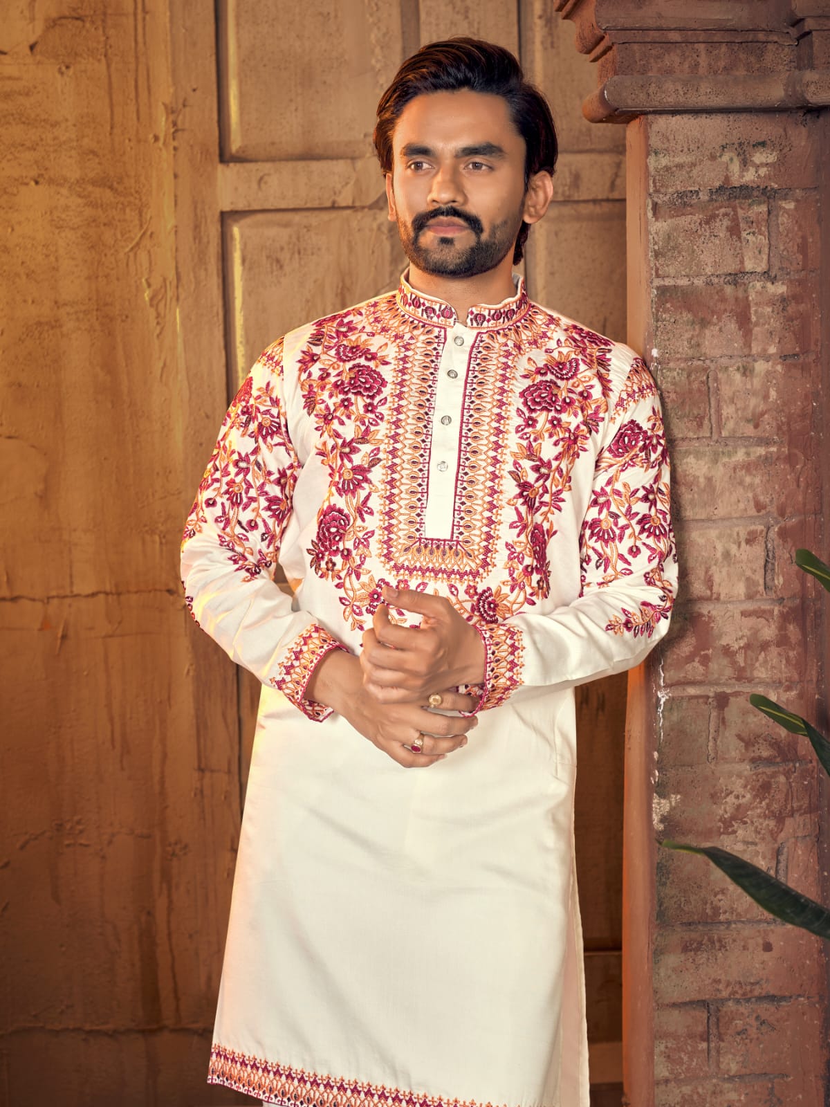 Cream Premium Silk With Multicoloured thread Neck Work Kurta Pajama