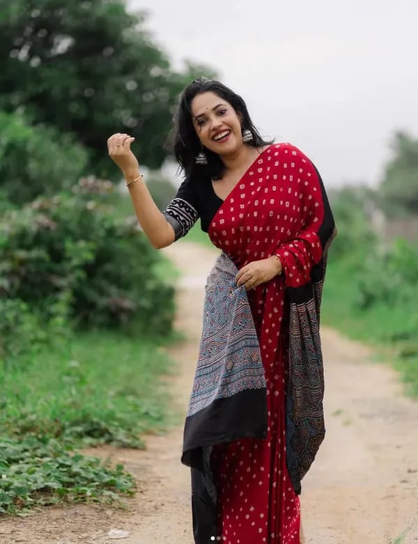 Red Pure Modal Gaji Silk Bandhani Ajrakh Print Langdi Patta Saree