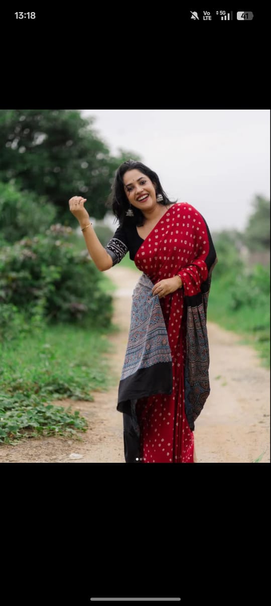 Red Pure Modal Gaji Silk Bandhani Ajrakh Print Langdi Patta Saree
