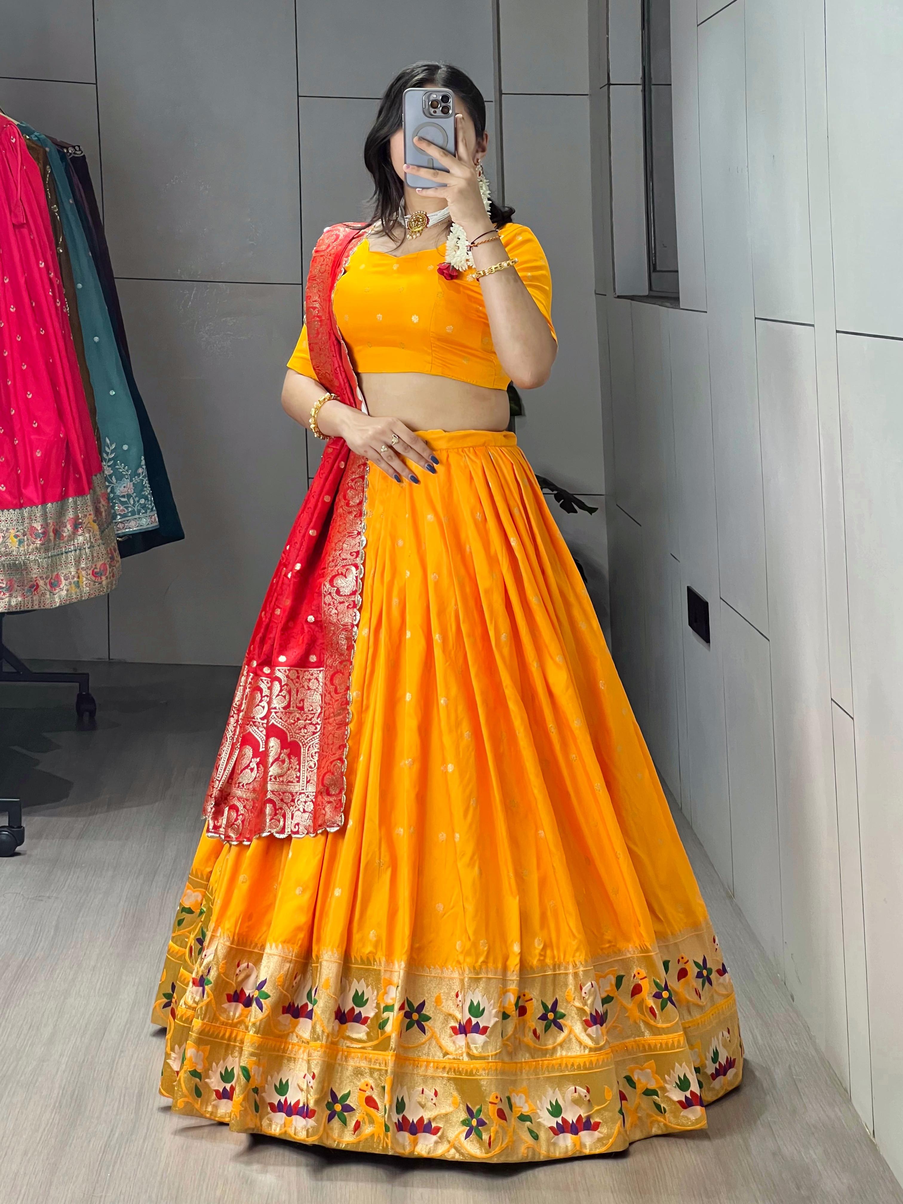 Golden Pure Soft Paithani Silk Zari Weaving Work Paithani Chaniya Choli