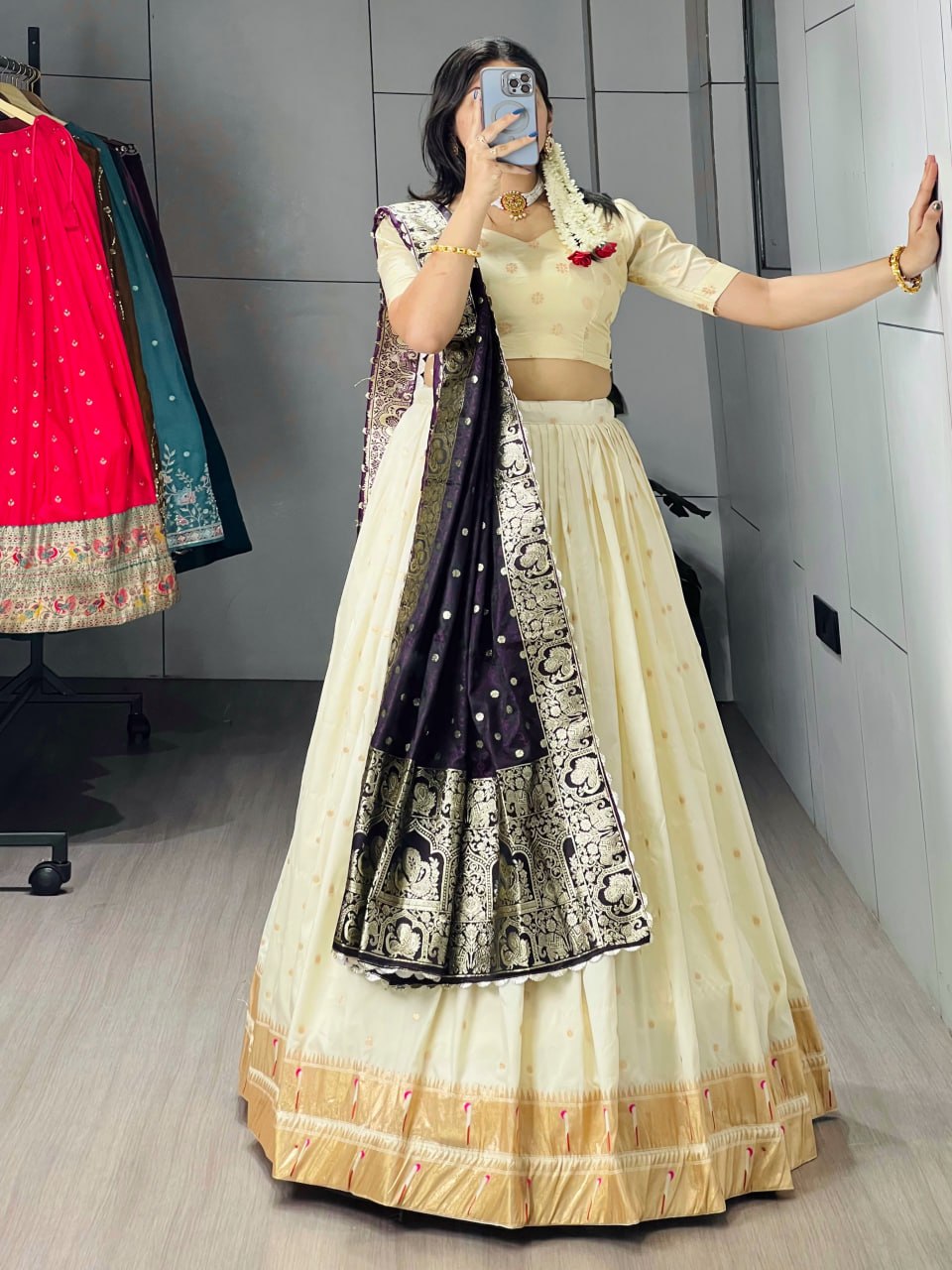 Cream Purple Pure Soft Paithani Silk Zari Weaving Work Paithani Chaniya Choli
