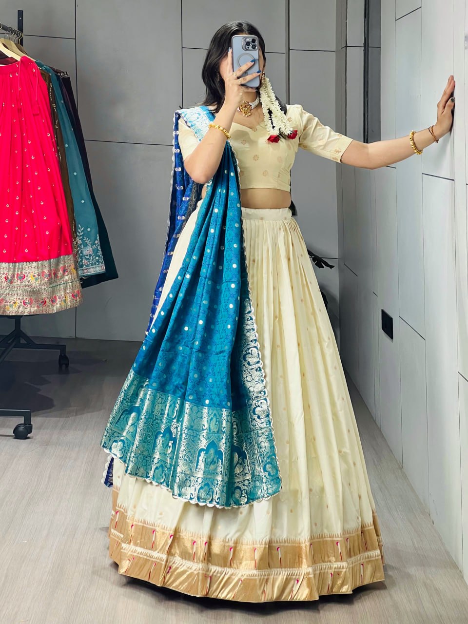 Cream Firozi Pure Soft Paithani Silk Zari Weaving Work Paithani Chaniya Choli