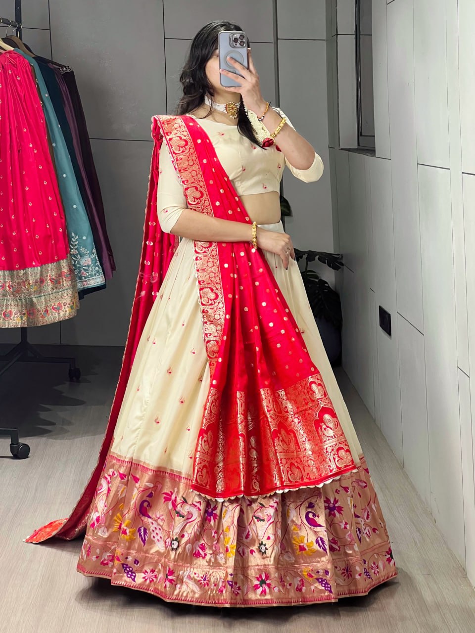 Cream Red Pure Soft Paithani Silk Zari Weaving Work Paithani Chaniya Choli