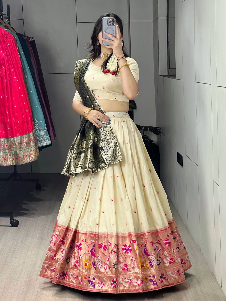 Cream Mehandi Pure Soft Paithani Silk Zari Weaving Work Paithani Chaniya Choli
