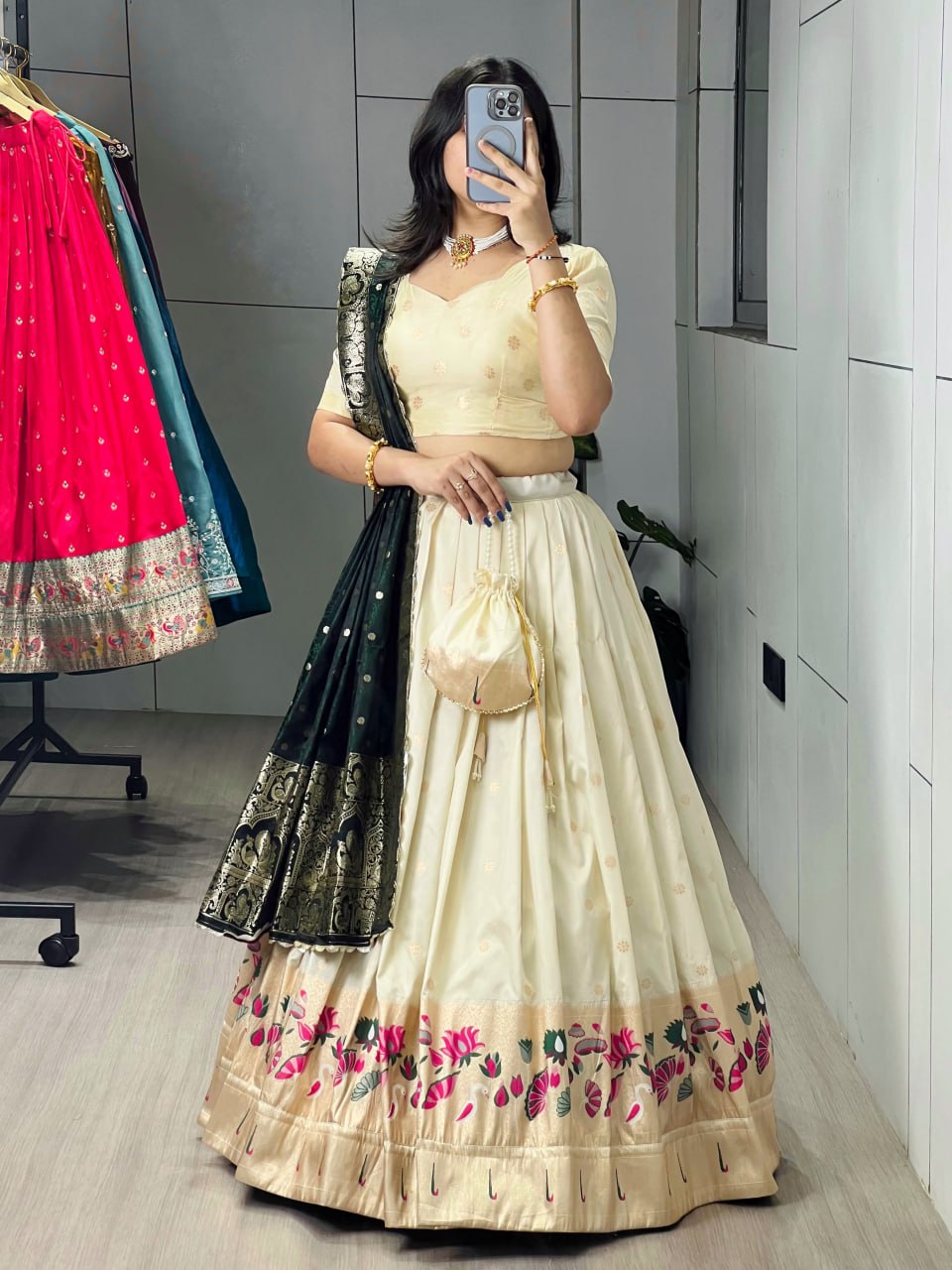 Cream Green Pure Soft Paithani Silk Zari Weaving Work Paithani Chaniya Choli