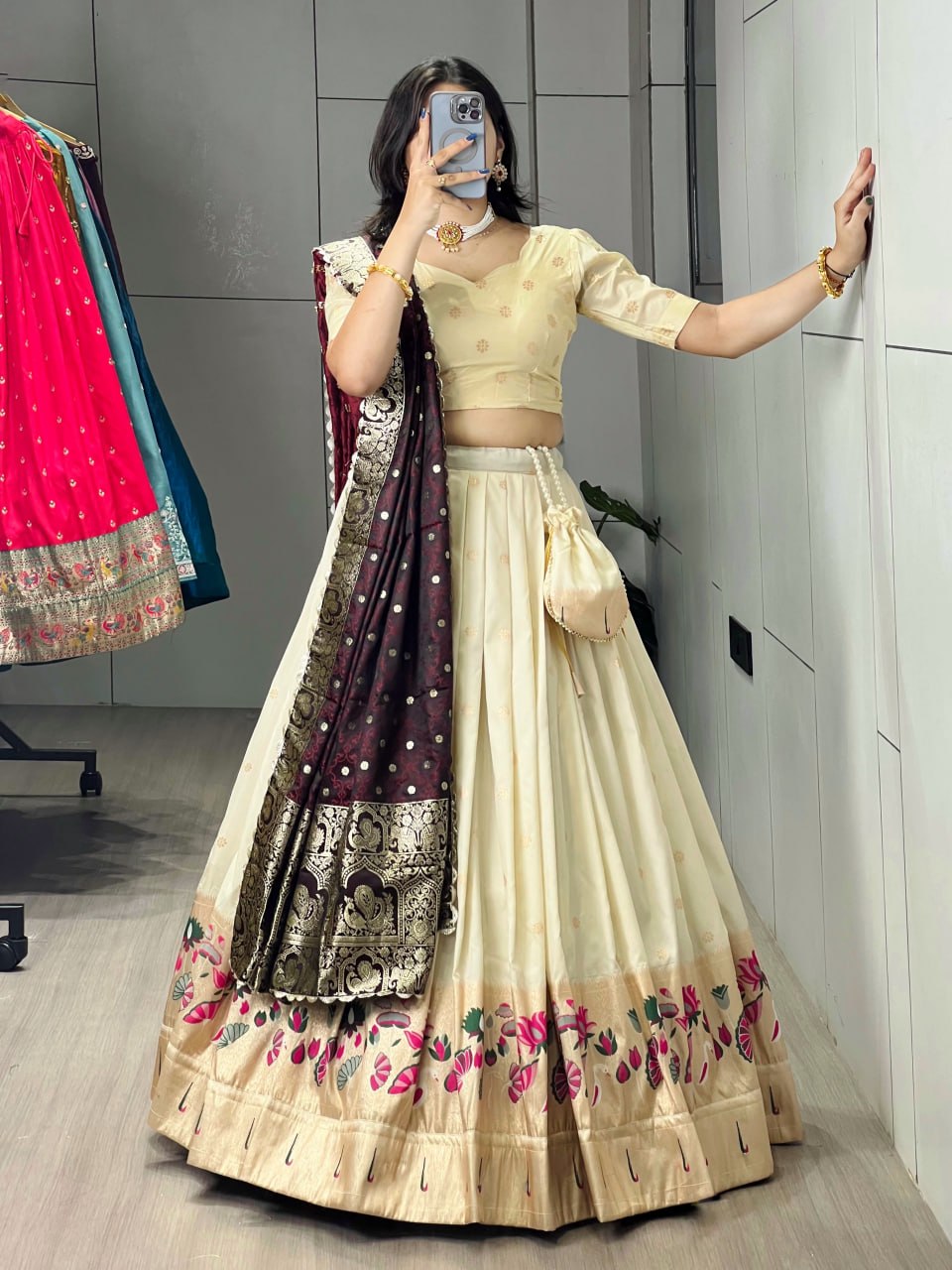 Cream Wine Pure Soft Paithani Silk Zari Weaving Work Paithani Chaniya Choli