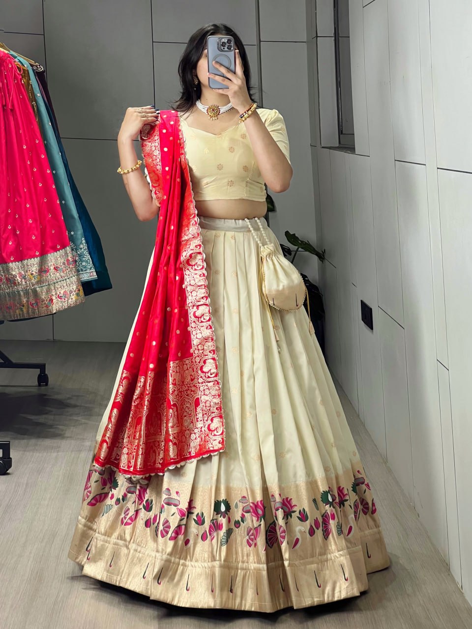 Cream Rani Pure Soft Paithani Silk Zari Weaving Work Paithani Chaniya Choli
