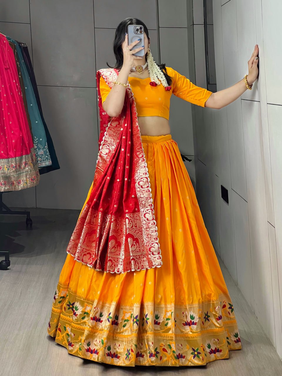 Gold Pure Soft Paithani Silk Zari Weaving Work Paithani Chaniya Choli