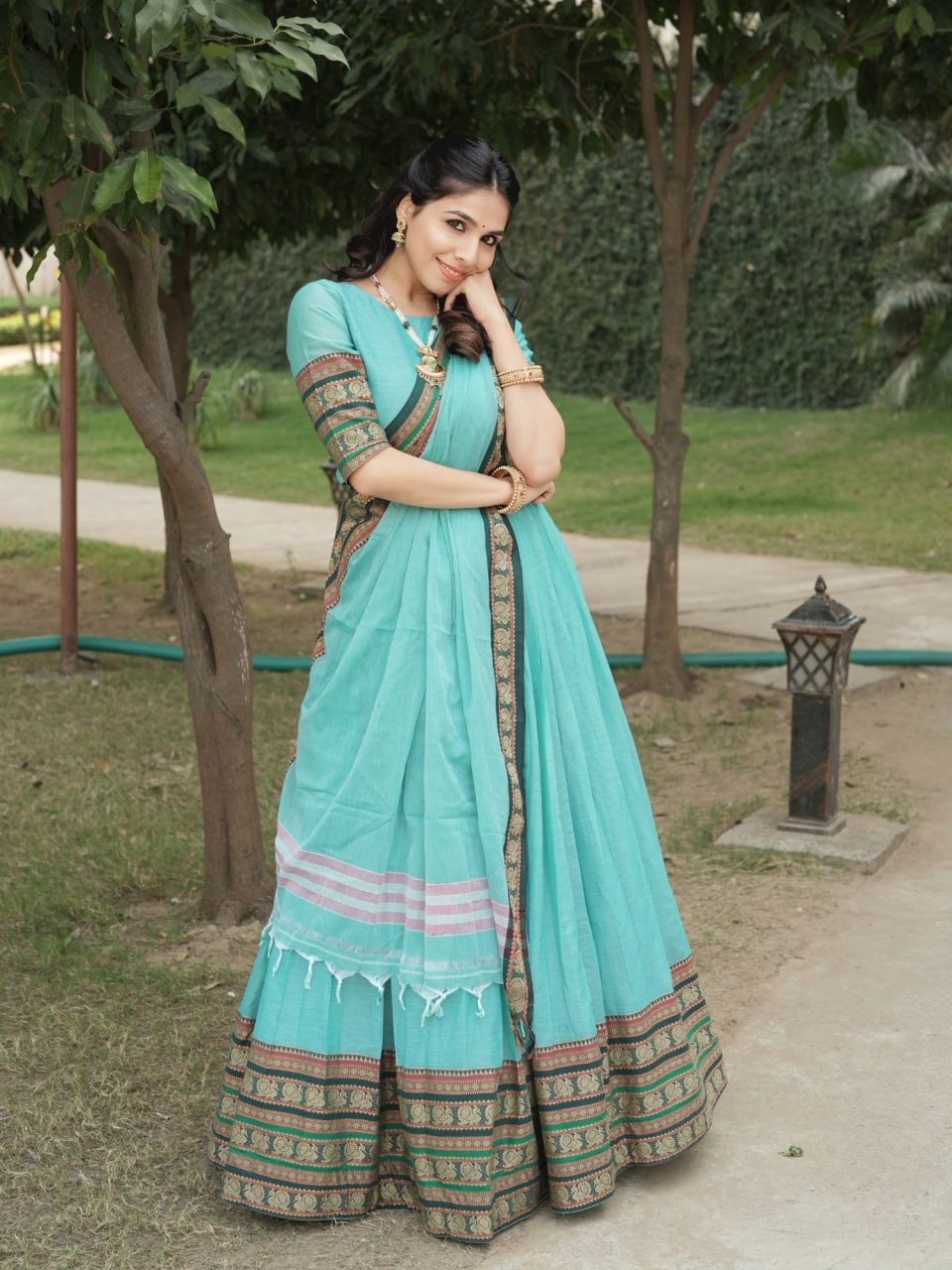 Sky Pure Chanderi Cotton Hand Weaving Cotton Lehenga Choli