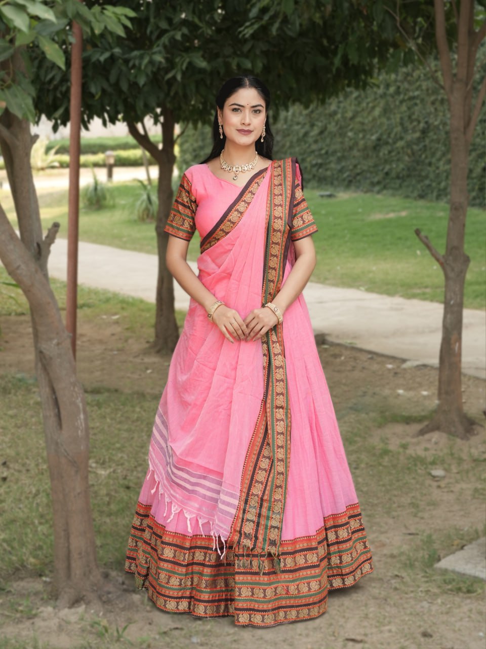 Classic Pink Pure Chanderi Cotton Hand Weaving Cotton Lehenga Choli